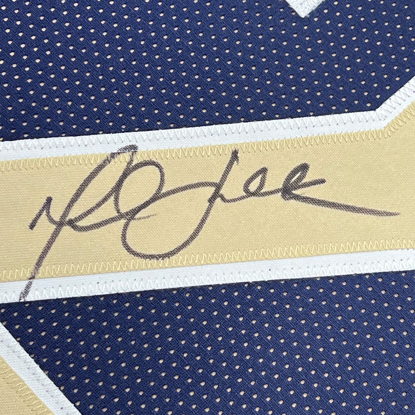 Framed Autographed/Signed Marshall Faulk 35x39 St. Louis Navy Blue Football Jersey Beckett BAS COA