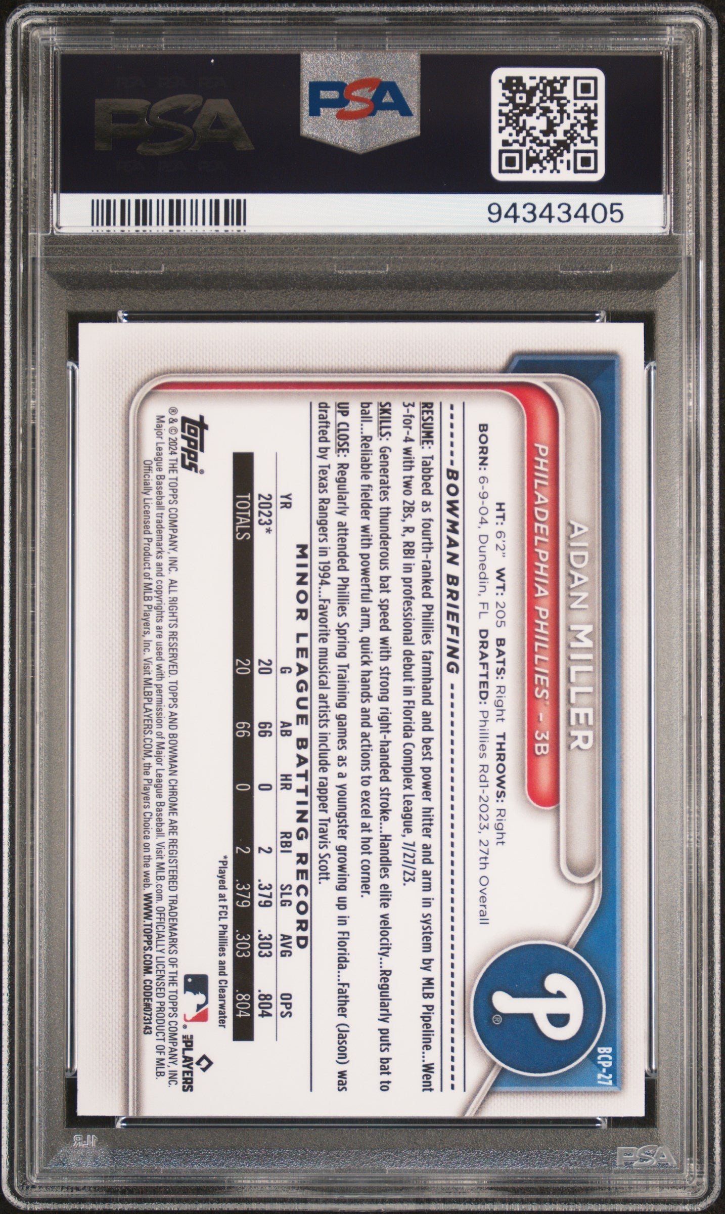 Graded 2024 Topps Bowman Aidan Miller #BCP27 Chrome Prospects Lunar Glow Refractor Rookie RC Baseball Card PSA 10 Gem Mint