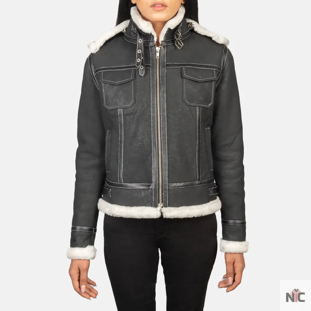 Fiona Black Hooded Shearling Leather Jacket