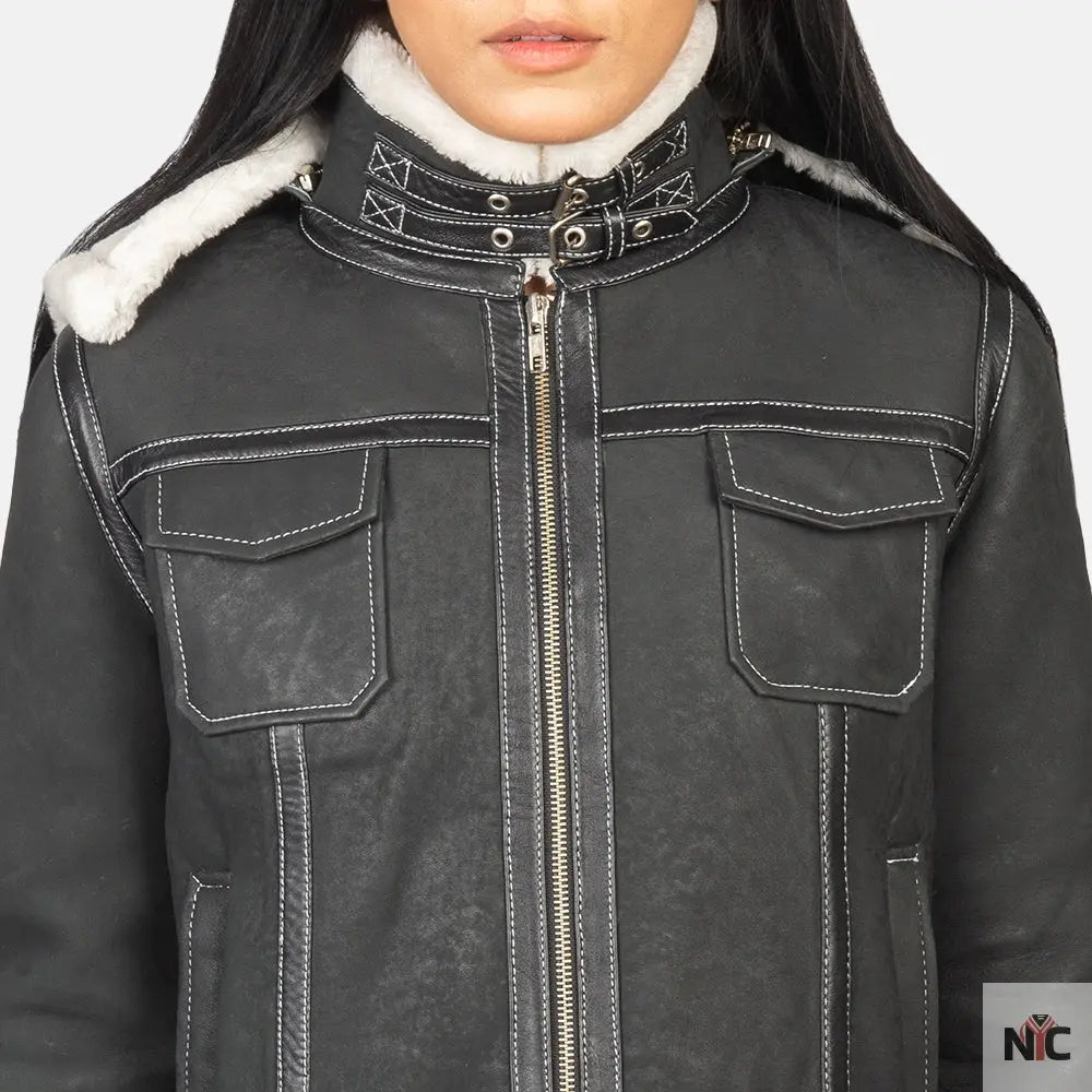 Fiona Black Hooded Shearling Leather Jacket