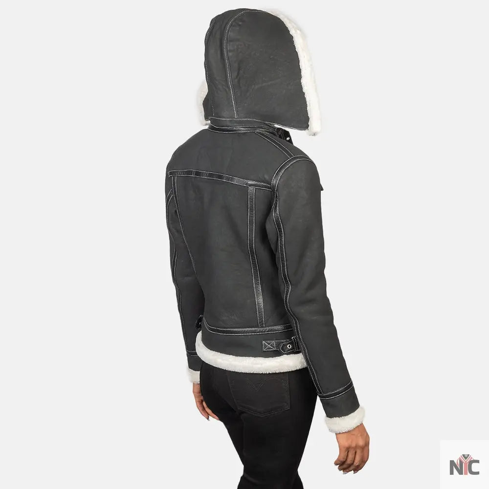 Fiona Black Hooded Shearling Leather Jacket