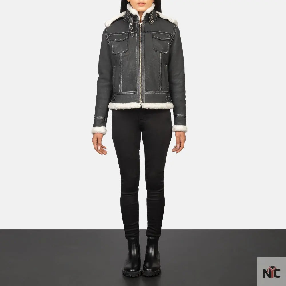 Fiona Black Hooded Shearling Leather Jacket