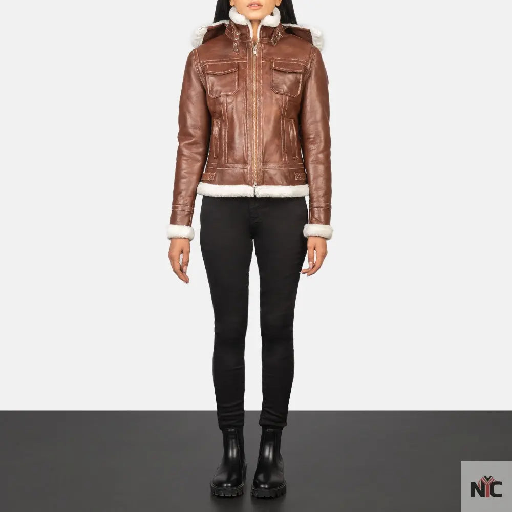 Fiona Brown Hooded Shearling Leather Jacket