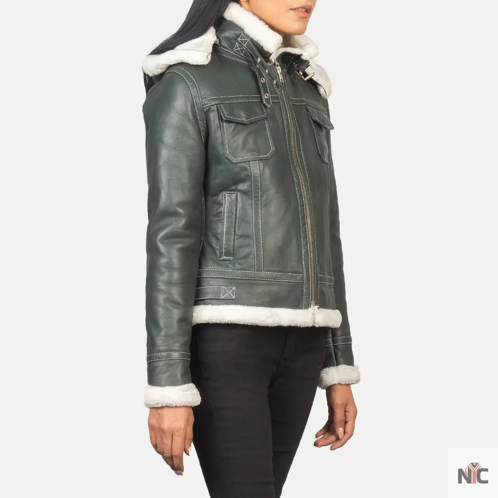 Fiona Green Hooded Shearling Leather Jacket