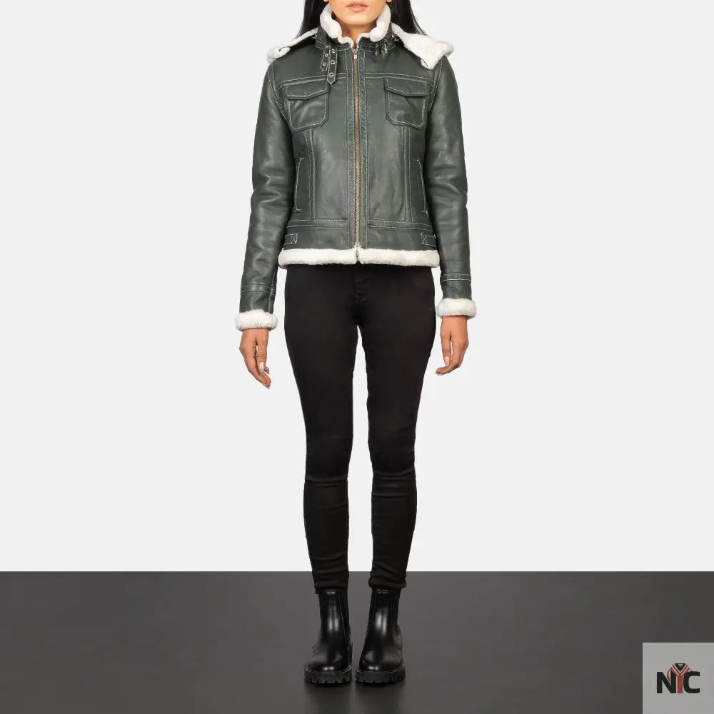 Fiona Green Hooded Shearling Leather Jacket