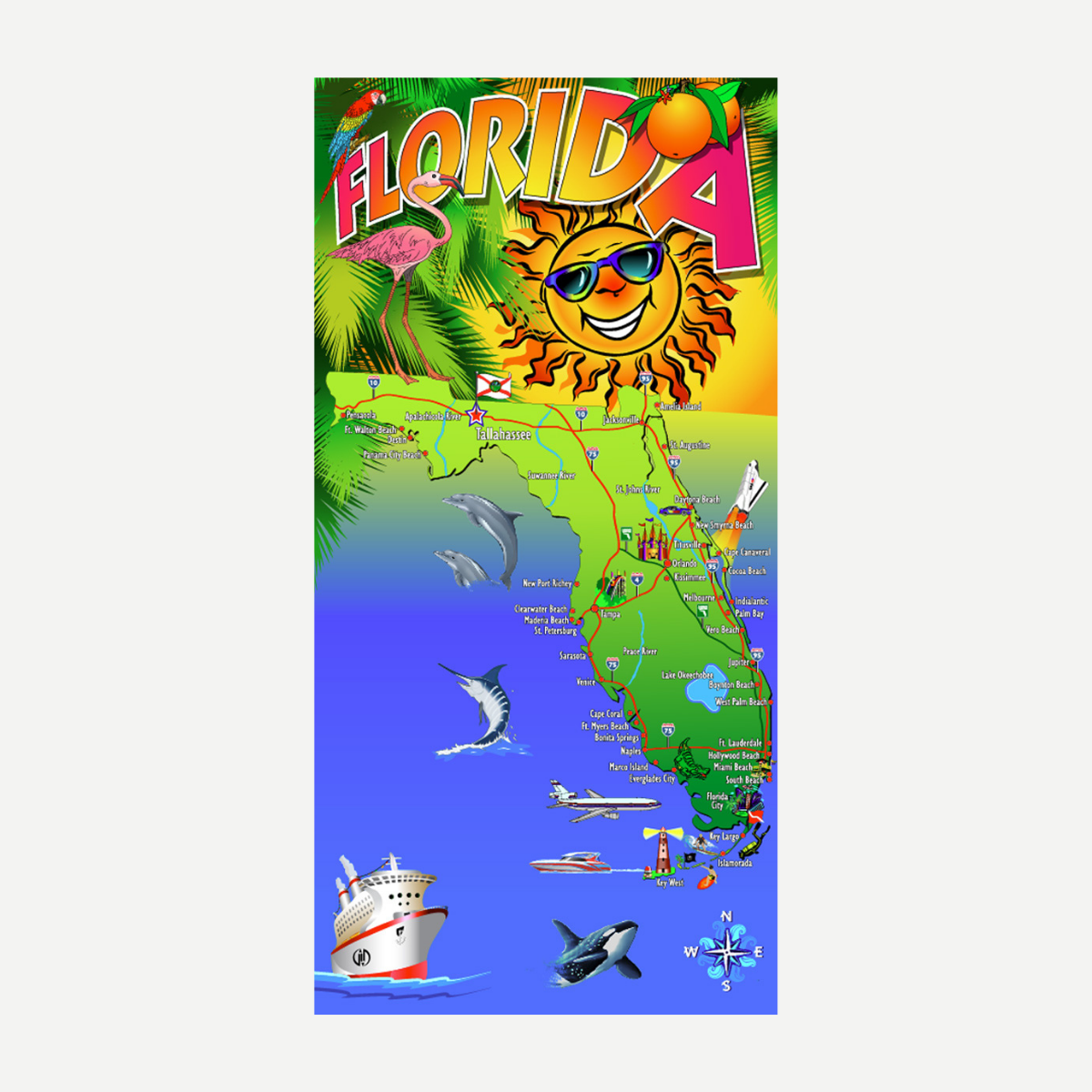 Florida Sunshine Map Beach Towel