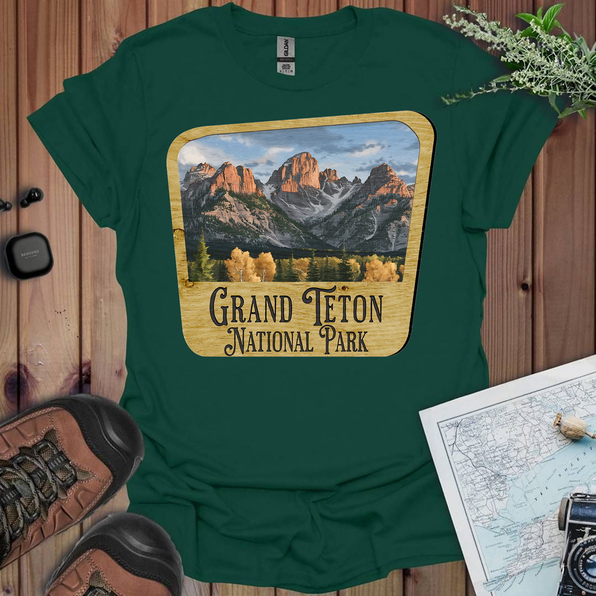 Grand Teton National Park Unisex Fit Soft T-Shirt Wood Sign
