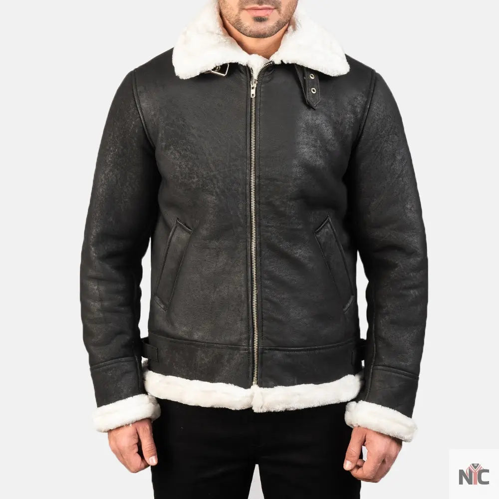 Francis B-3 Distressed Black Leather Bomber Jacket