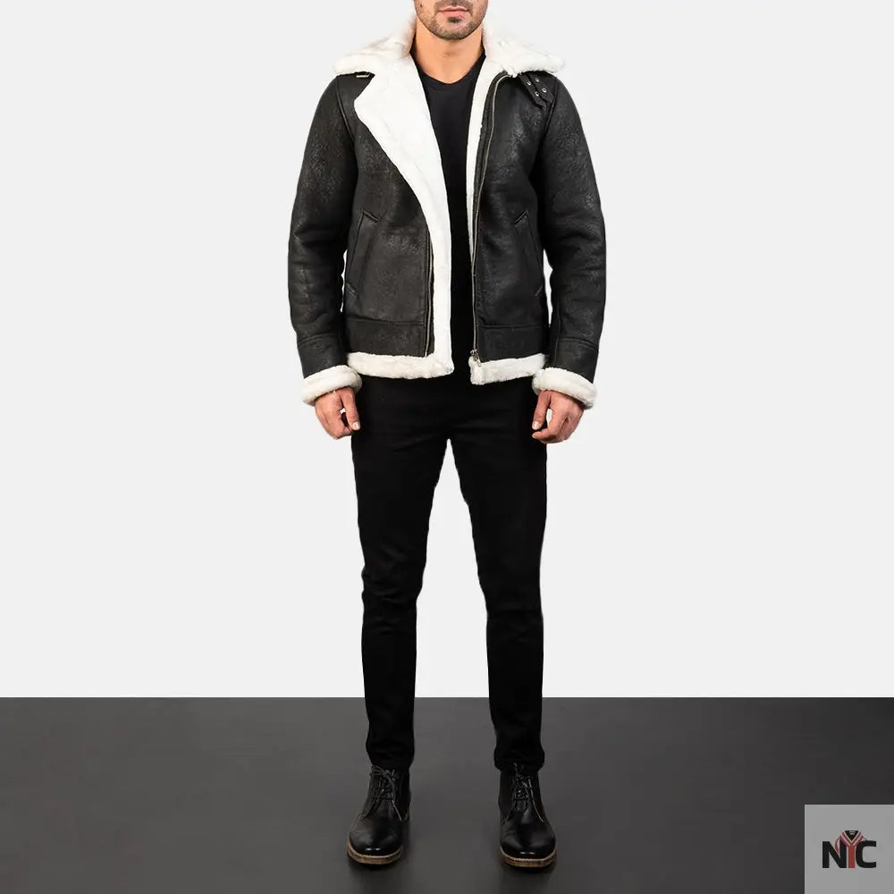 Francis B-3 Distressed Black Leather Bomber Jacket