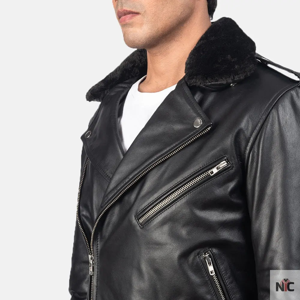 Furton Black Leather Biker Jacket