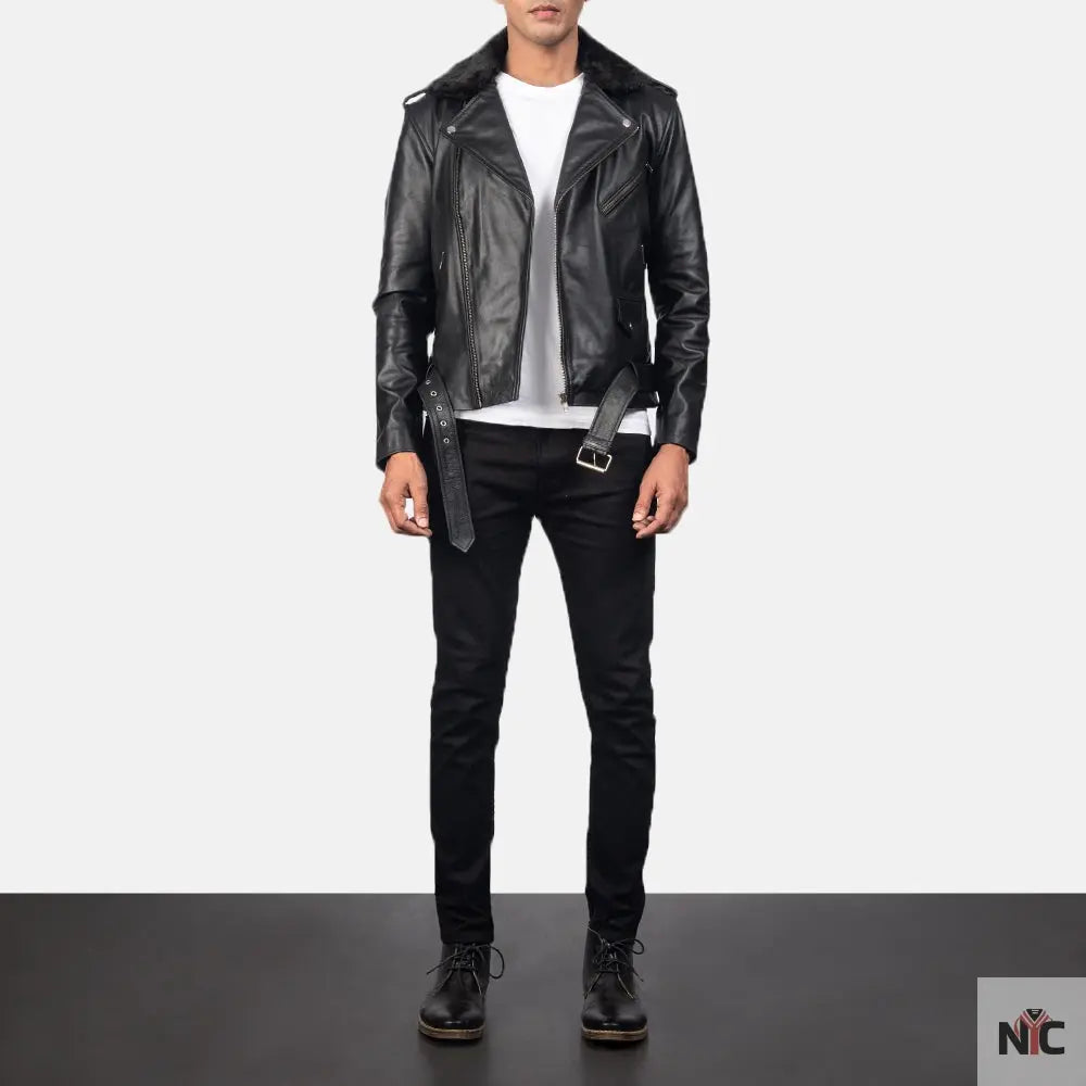 Furton Black Leather Biker Jacket