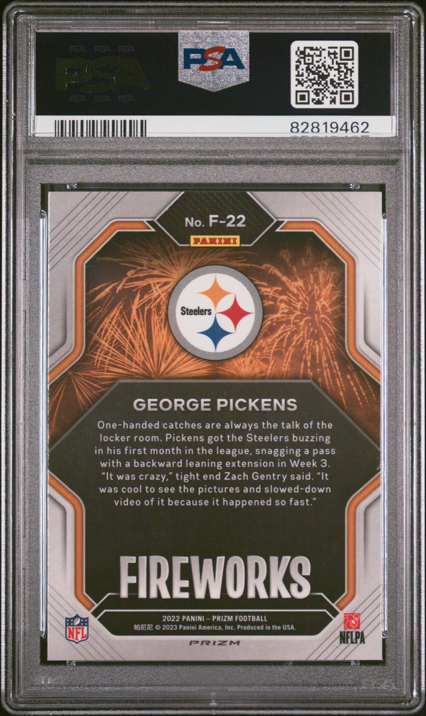 Graded 2022 Panini Prizm George Pickens #F22 Fireworks No Huddle Rookie RC Football Card PSA 10 Gem Mint