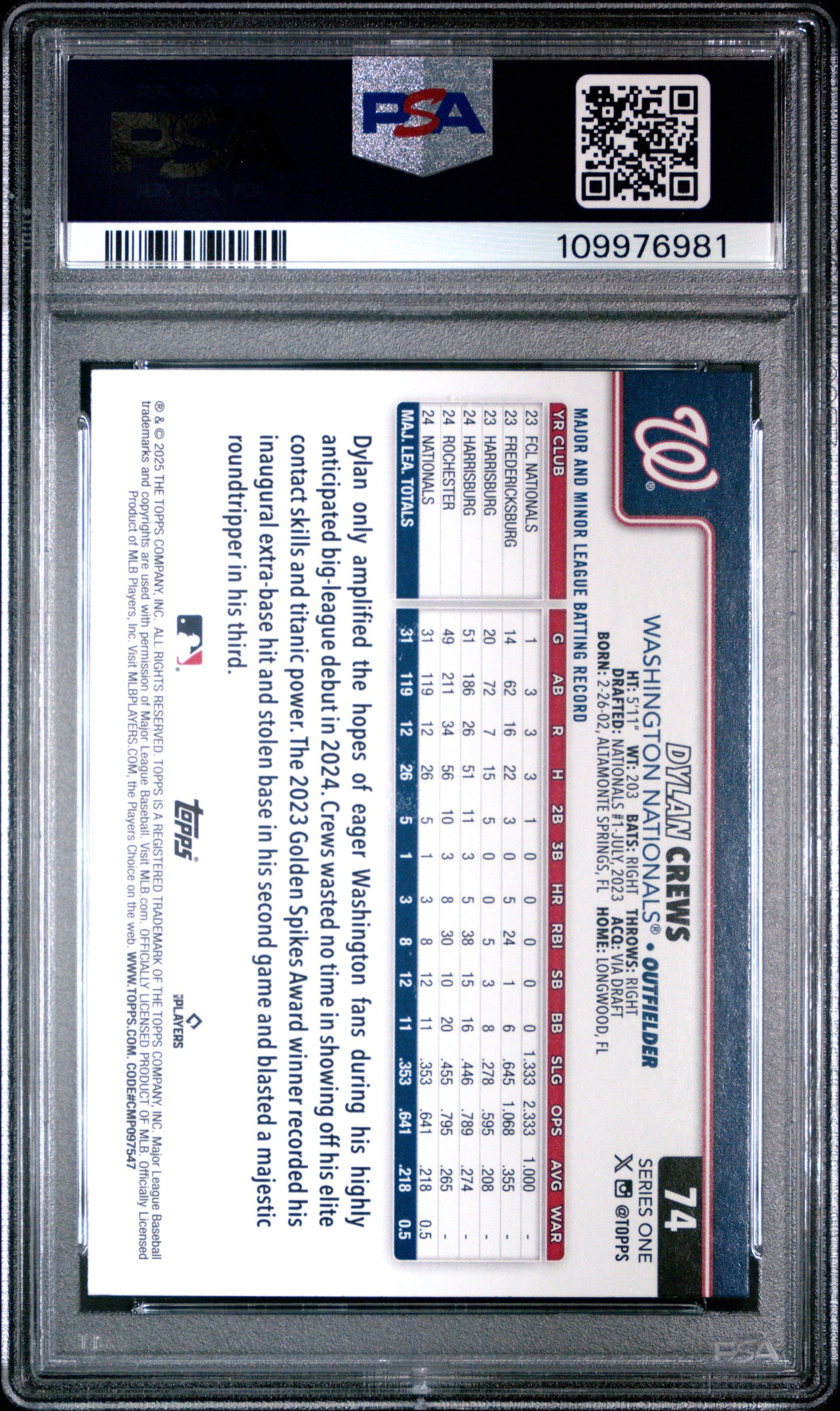 Graded 2025 Topps Dylan Crews #74 Rookie RC Baseball Card PSA 10 Gem Mint