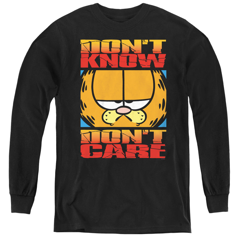 Garfield Dont Know Dont Care Long Sleeve Kids Youth T Shirt Black