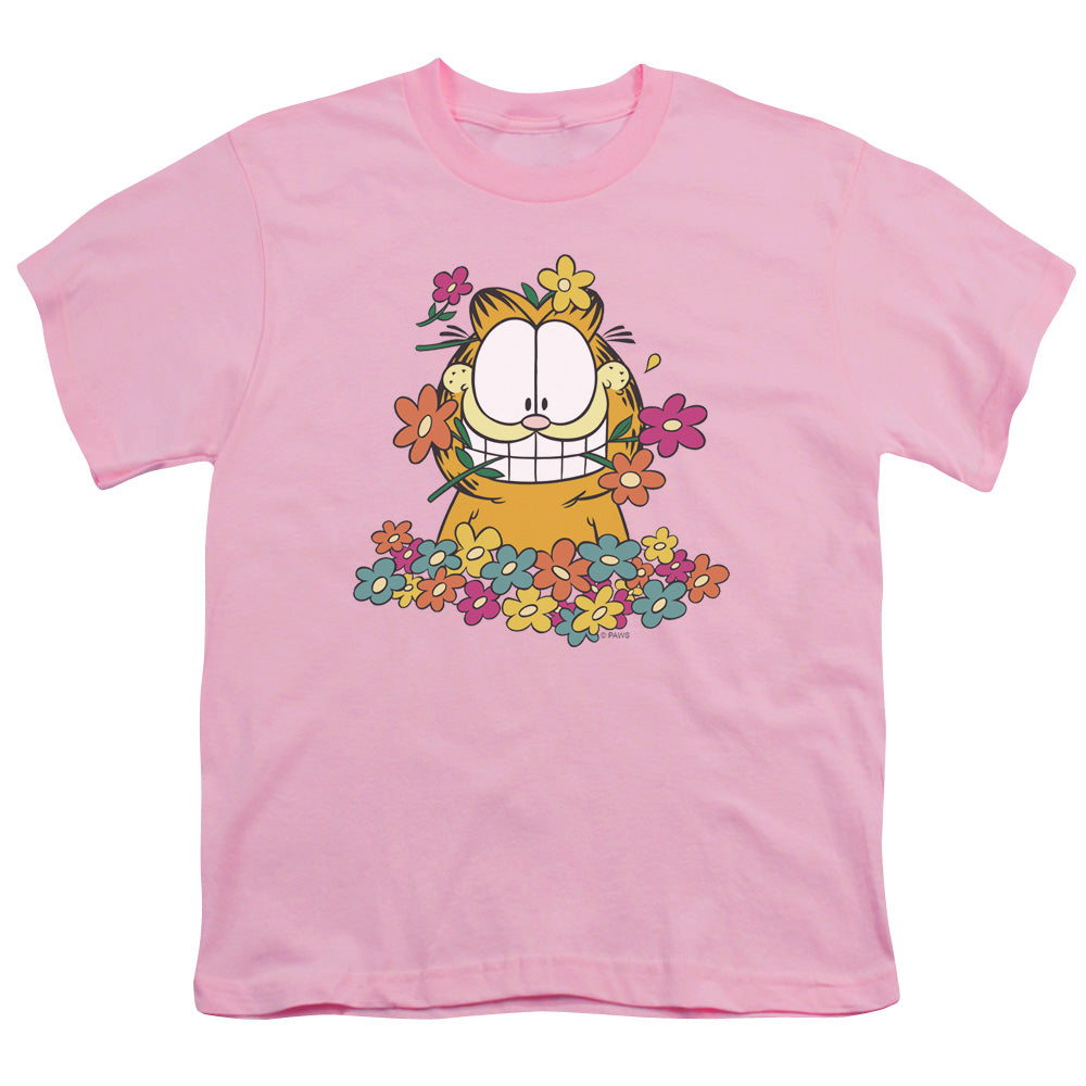 Garfield in the Garden Kids Youth T Shirt Pink