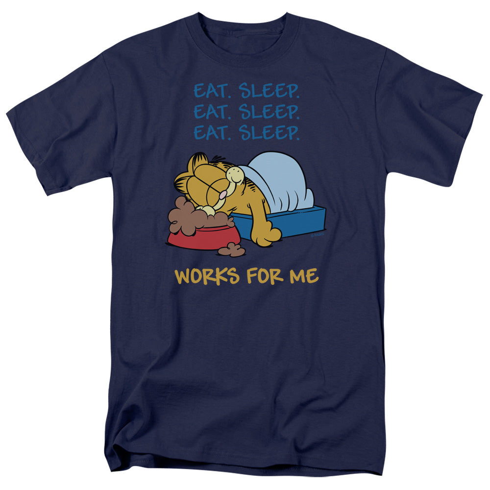 Garfield Works For Me Mens T Shirt Navy Officially Licensed