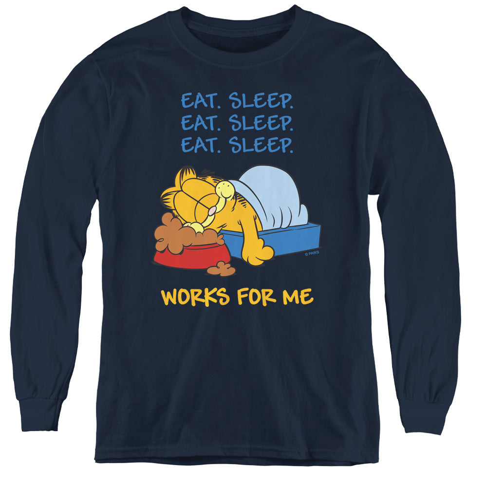 Garfield Works for Me Long Sleeve Kids Youth T Shirt Navy