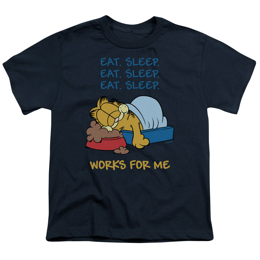 Garfield Works for Me Kids Youth T Shirt Navy