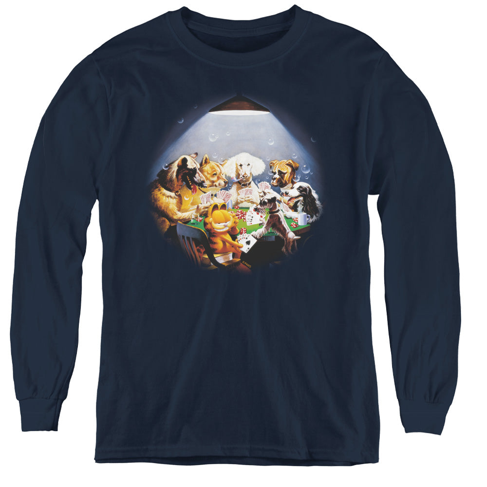 Garfield Playing With the Big Dogs Long Sleeve Kids Youth T Shirt Navy