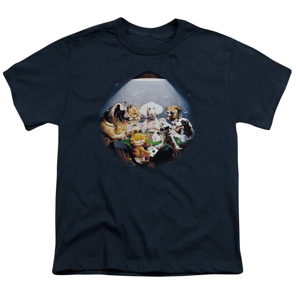 Garfield Playing With the Big Dogs Kids Youth T Shirt Navy