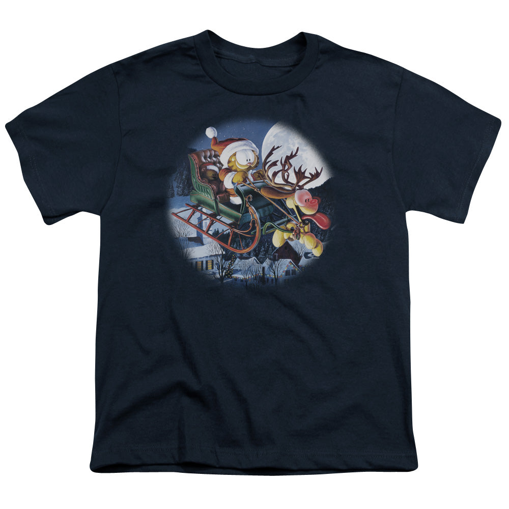 Garfield Moonlight Ride Kids Youth T Shirt Navy
