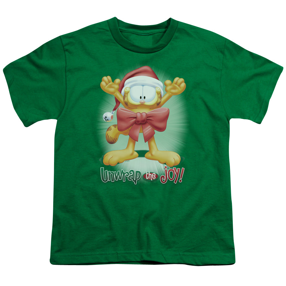 Garfield Unwrap the Joy! Kids Youth T Shirt Kelly Green