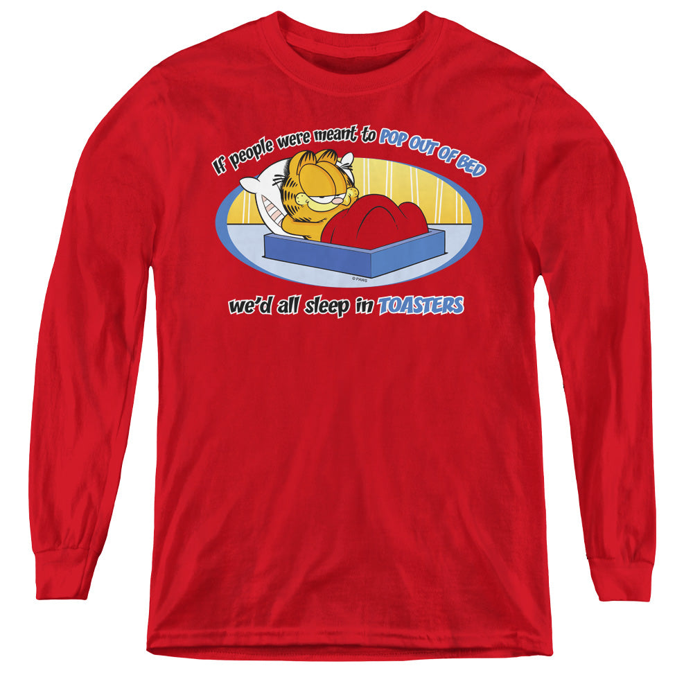 Garfield Pop Out of Bed Long Sleeve Kids Youth T Shirt Red