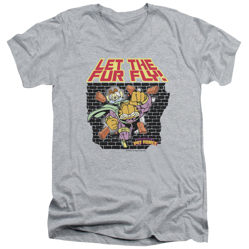 Garfield Let the Fur Fly Mens Slim Fit V-Neck T Shirt Athletic Heather
