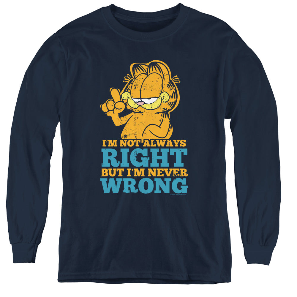 Garfield Never Wrong Long Sleeve Kids Youth T Shirt Navy
