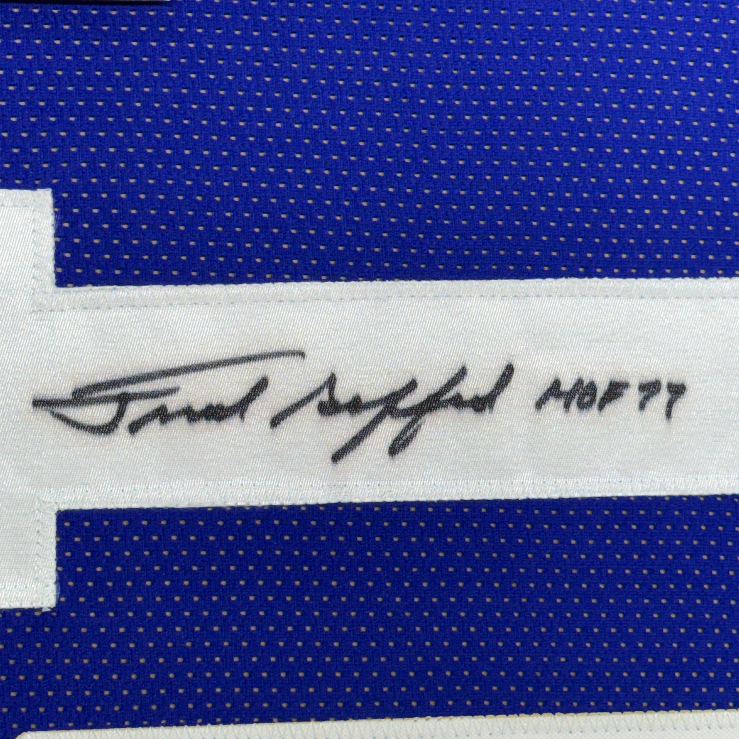 Framed Autographed/Signed Frank Gifford HOF 77 35x39 New York Blue Football Jersey JSA COA