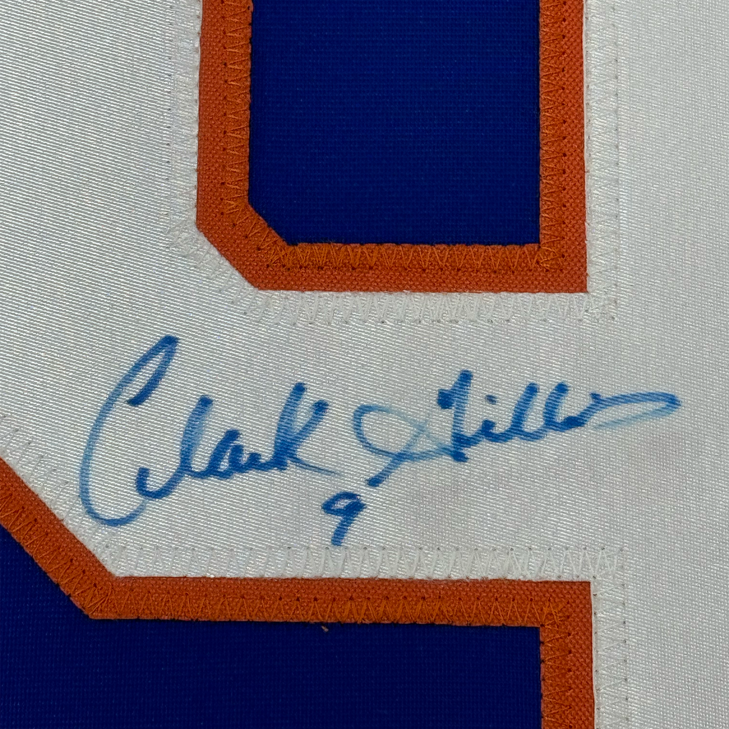 Framed Autographed/Signed Clark Gillies 35x39 New York Blue Hockey Jersey JSA COA