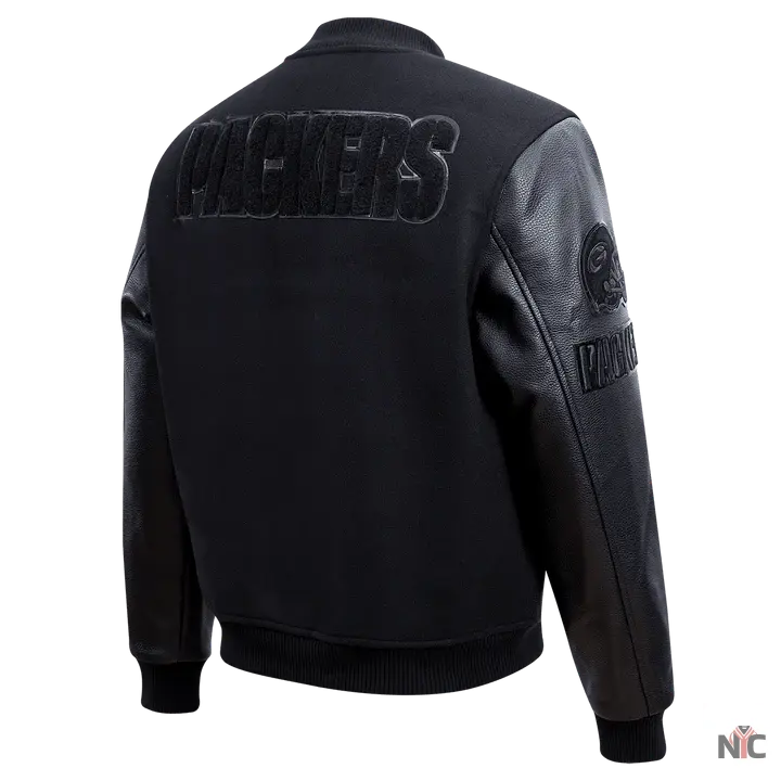 Green Bay Packers Triple Black Logo Varsity Jacket