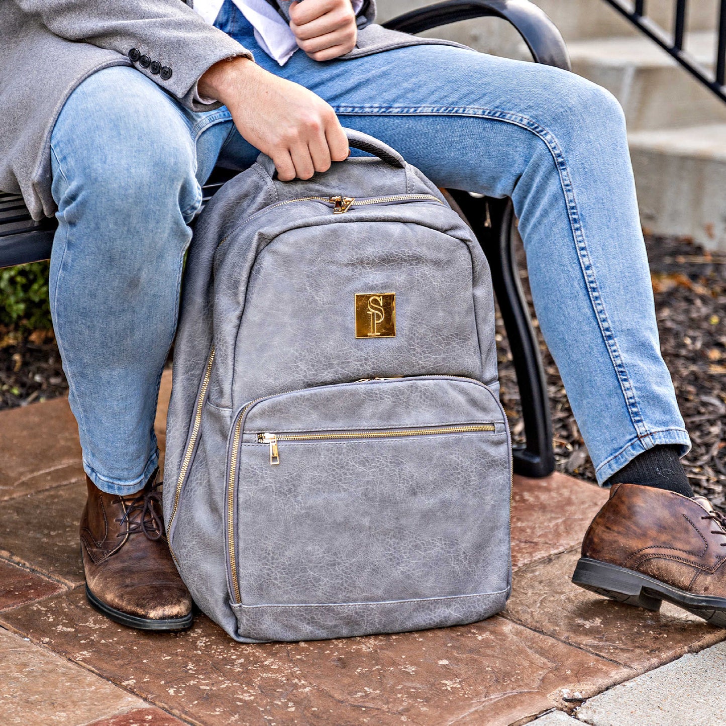 Grey Leather Commuter Bag