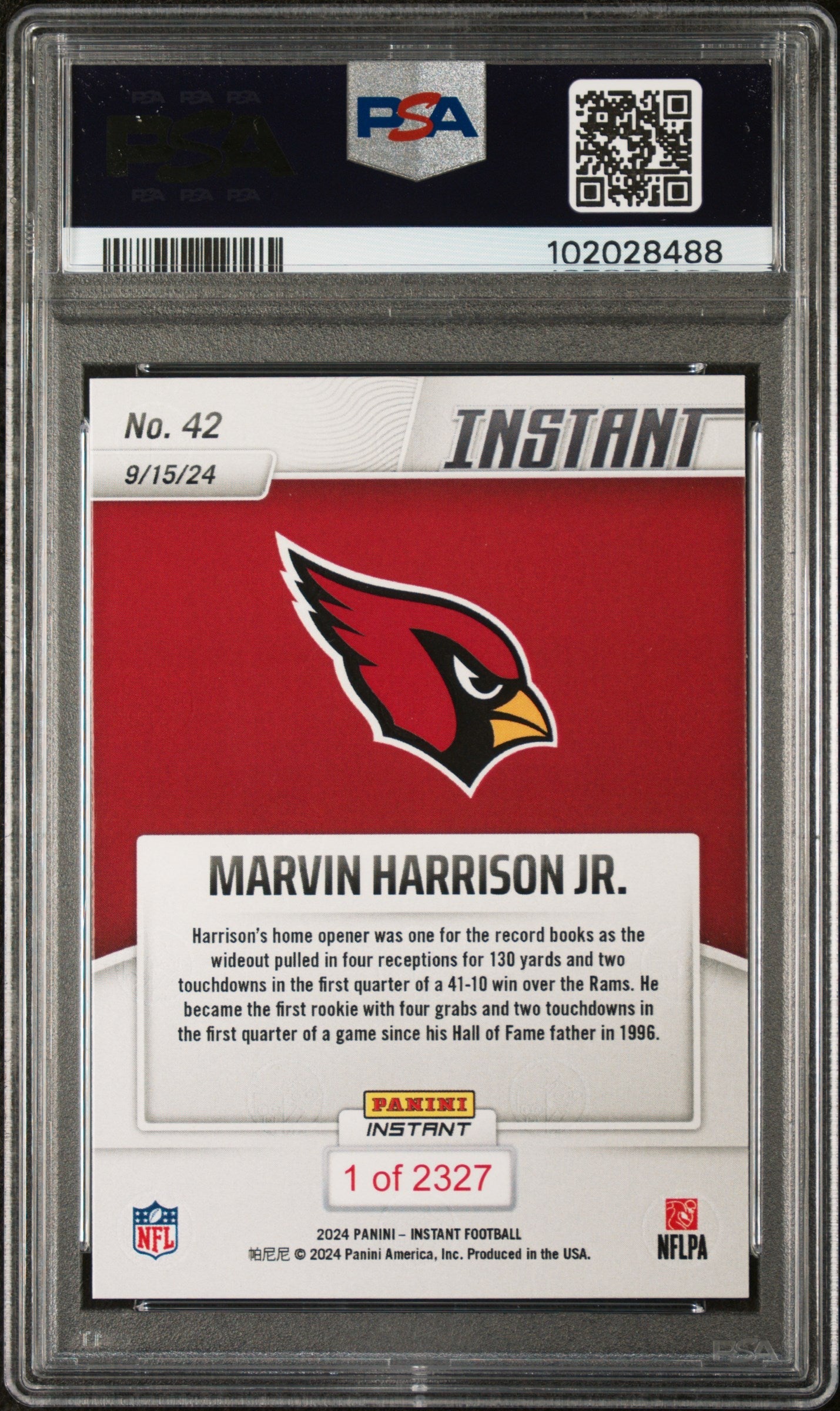 Graded 2024 Panini Instant NFL Marvin Harrison Jr #42 Rookie RC Football Card PSA 10 Gem Mint