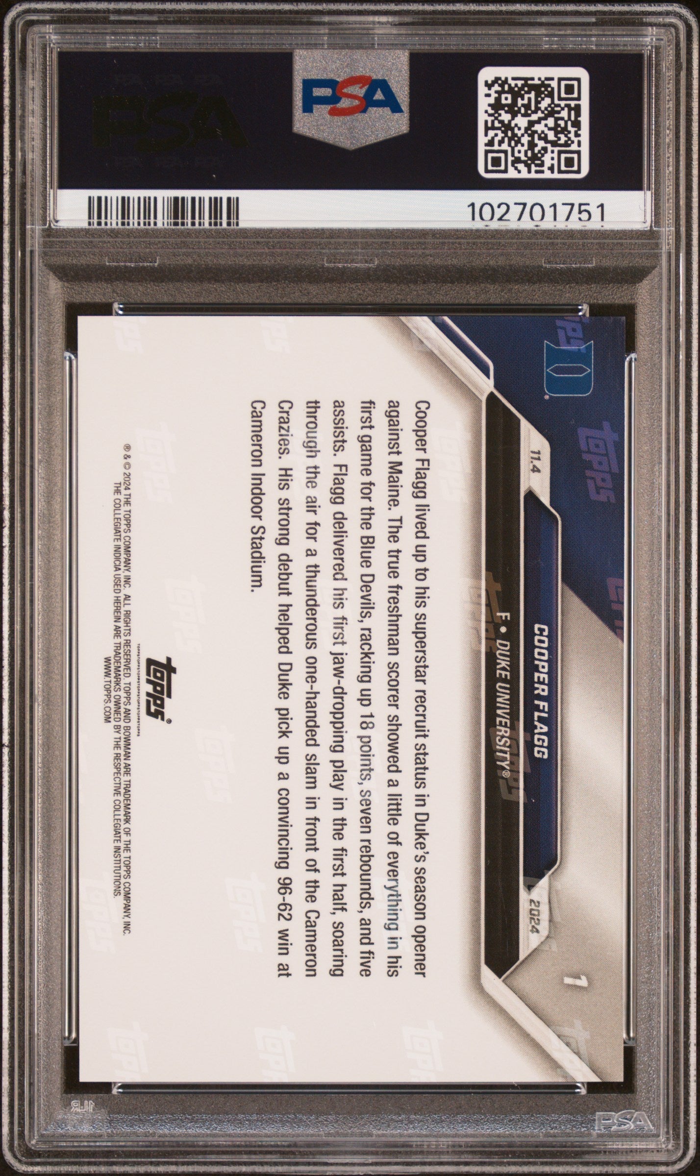 Graded 2024 Topps Bowman U Now Cooper Flagg #1 NCAA Debut Rookie RC Basketball Card PSA 9 Mint