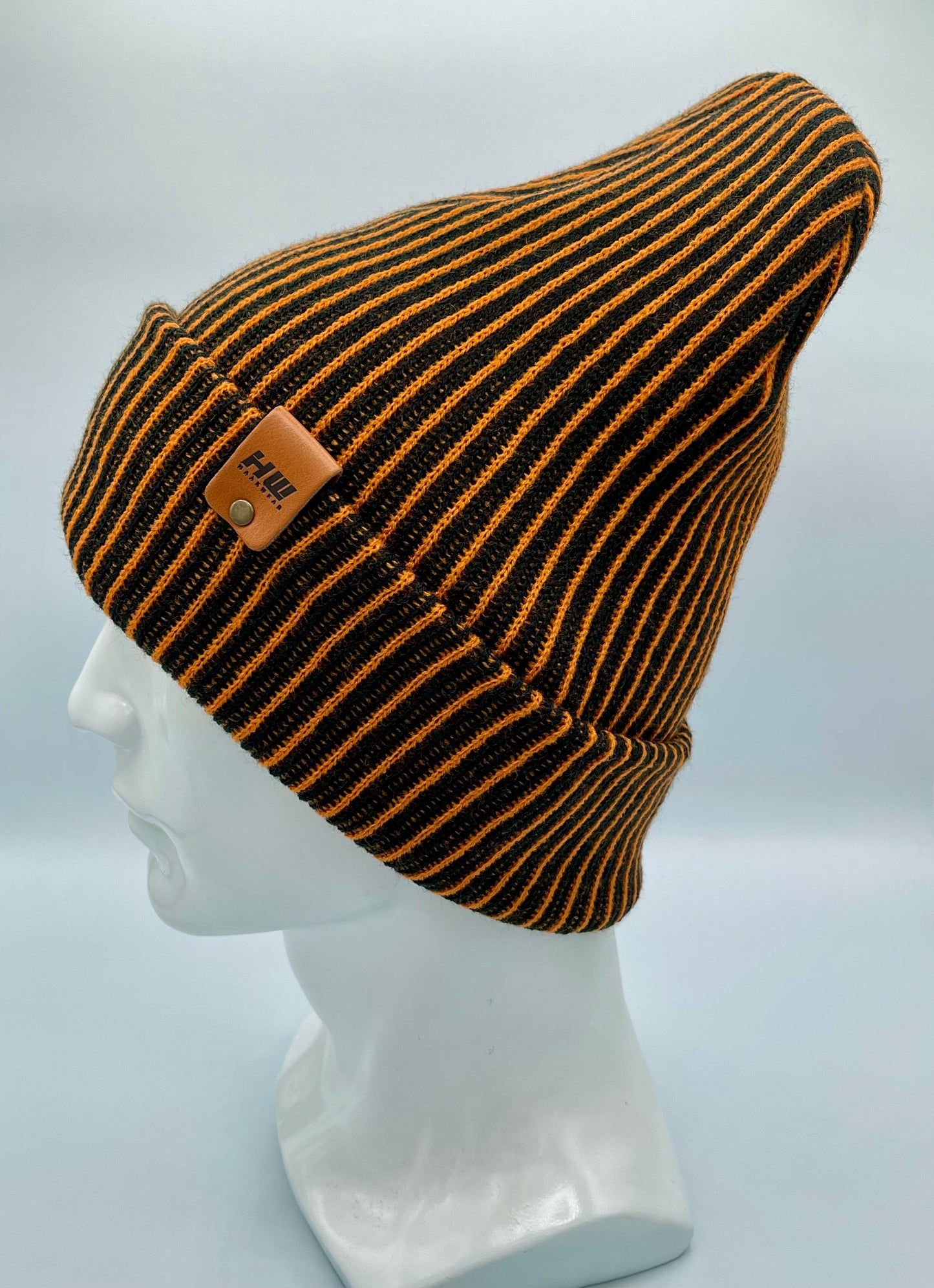 HAAKWEAR Cuffed Wide Ribbed Striped Beanie / Hat, Black / Orange, Limited Edition - Made in USA