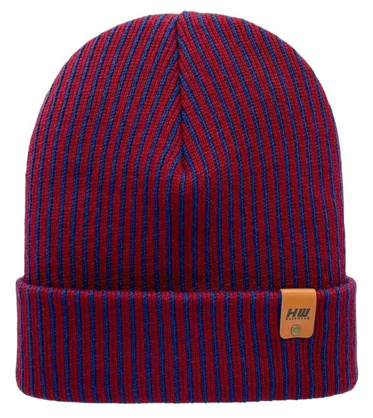 Cuffed Wide Ribbed Striped Beanie, Contrast, Blue and Maroon, Classic Beanie