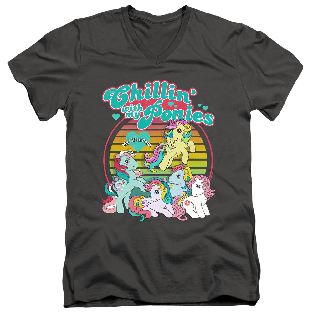 My Little Pony Retro Chillin With My Ponies Mens Slim Fit V-Neck T Shirt Charcoal Officially Licensed