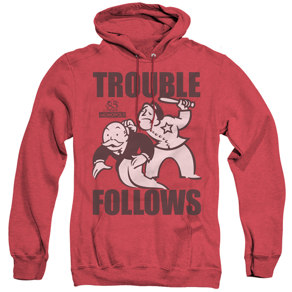 Monopoly Trouble Follows Mens Heather Hoodie Red Officially Licensed