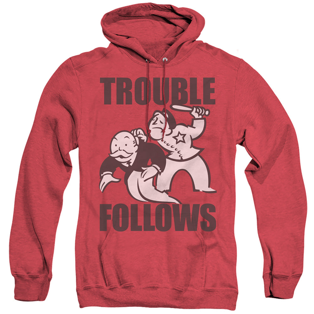 Monopoly Trouble Follows Evergreen Mens Heather Hoodie Red Officially Licensed