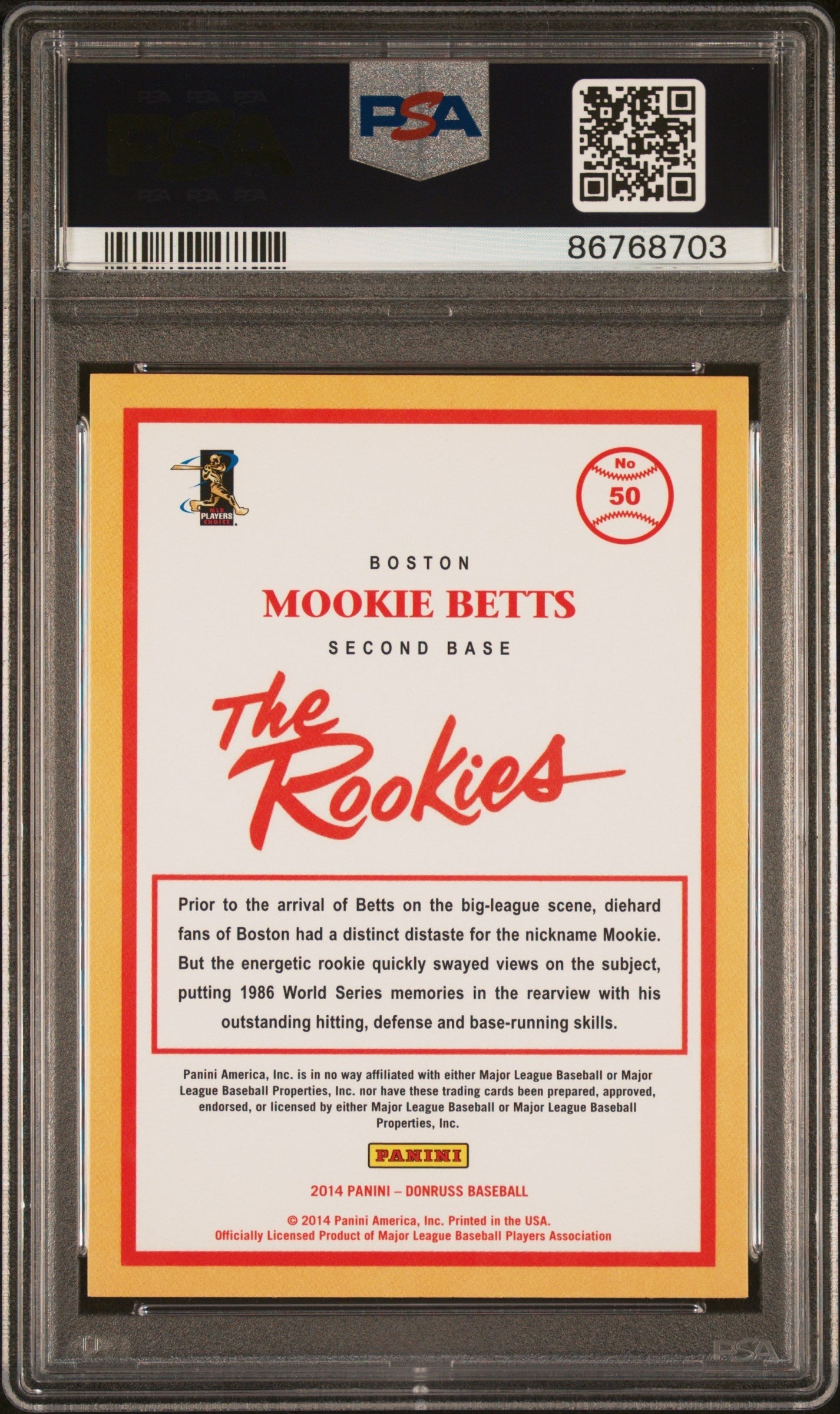 Graded 2014 Panini Donruss Mookie Betts #50 The Rookies Rookie RC Baseball Card PSA 10 Gem Mint