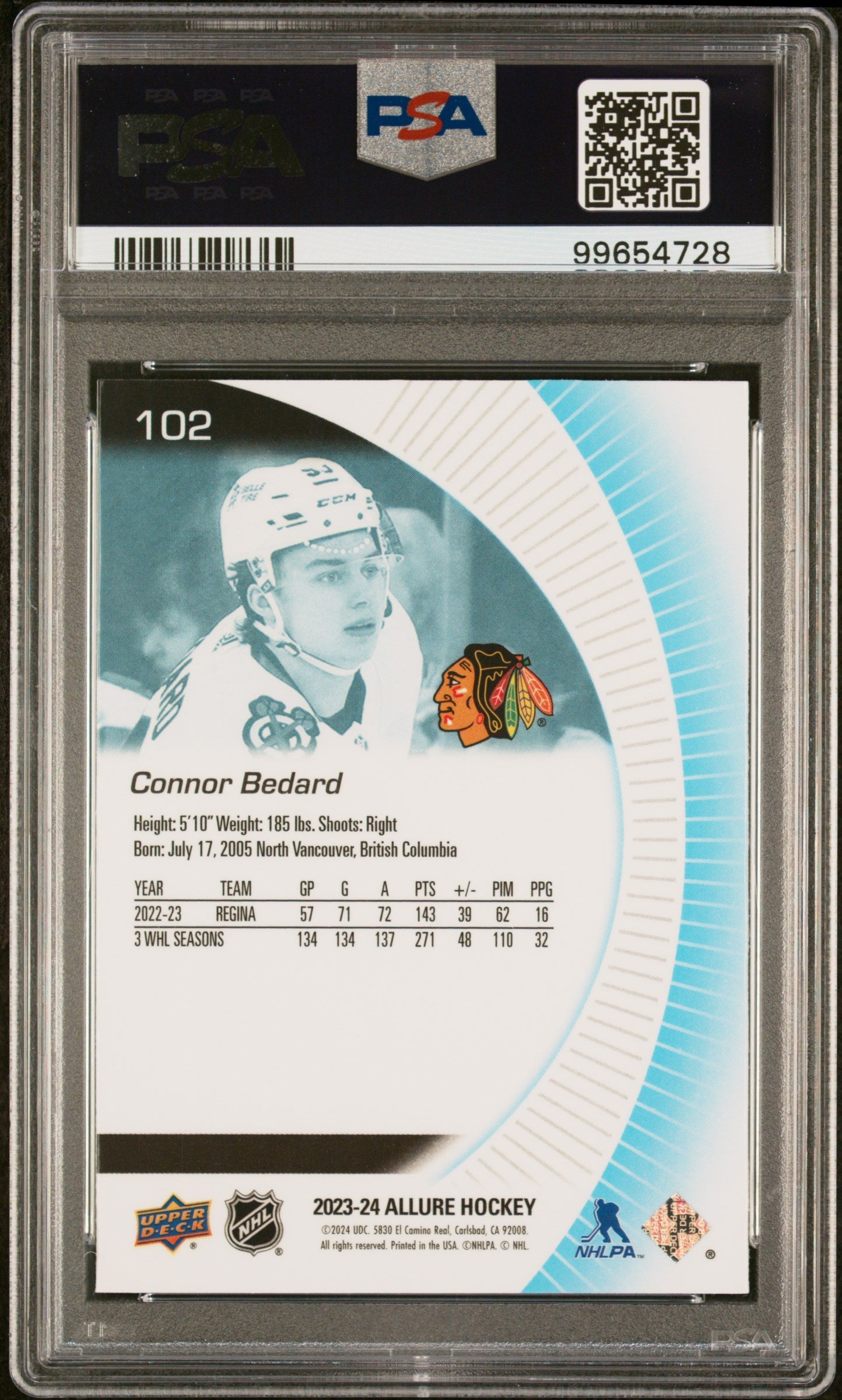 Graded 2023 Upper Deck Allure Connor Bedard #102 Rookie RC Hockey Card PSA 10 Gem Mint