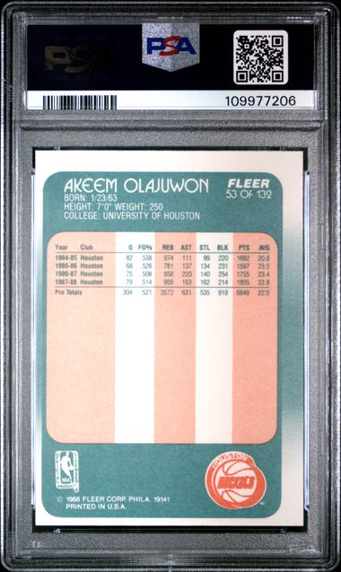 Graded 1988 Fleer Hakeem Akeem Olajuwon #53 Basketball Card PSA 6 EX-MT