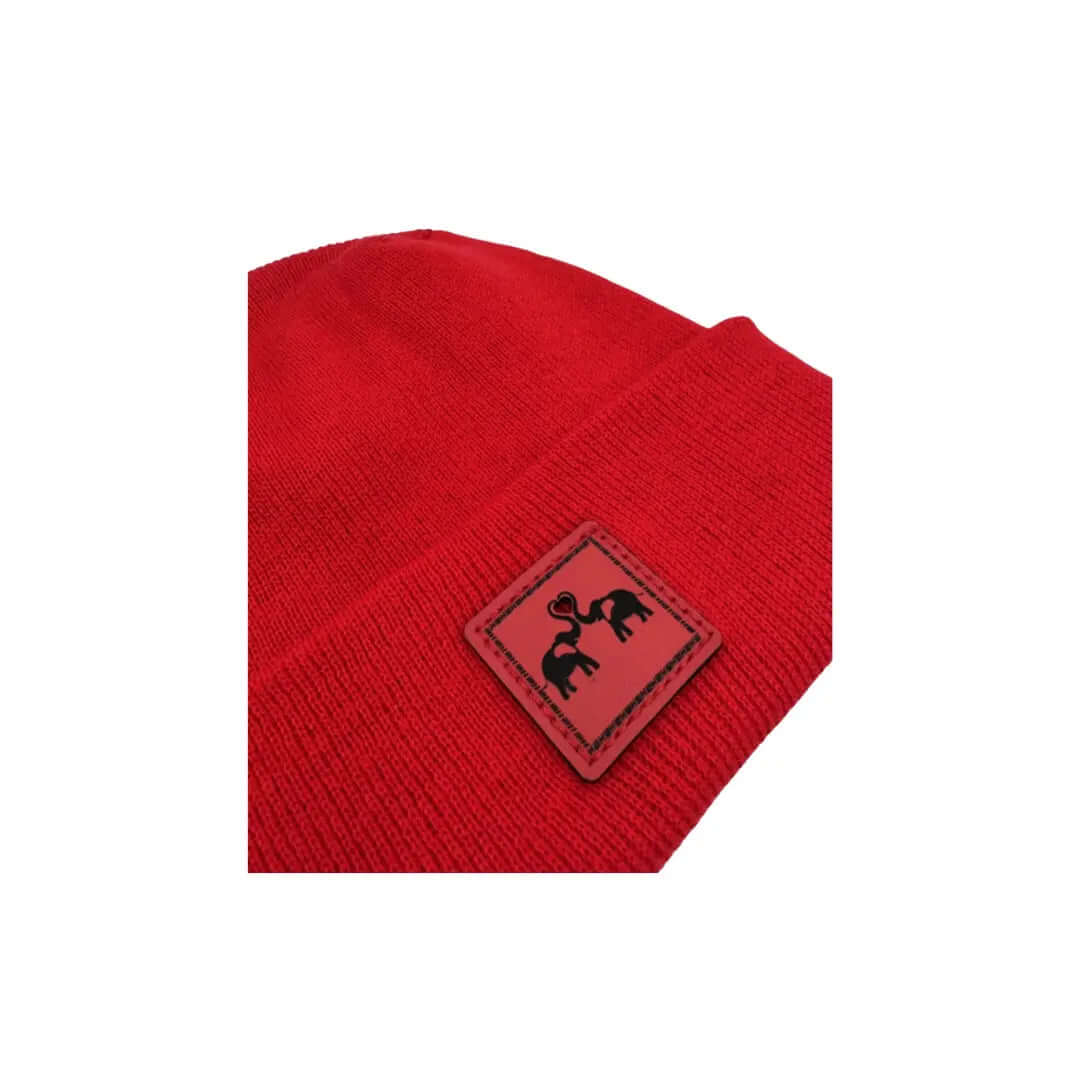 Haakwear Exclusive Love-Inspired H-Stitch Beanie – Limited Edition | Scarlet Red Hat with Elelove Elephants Design