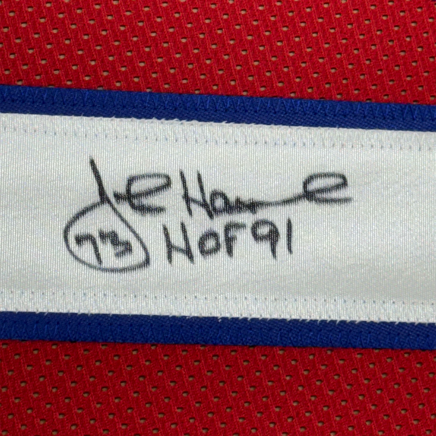 Framed Autographed/Signed John Hannah HOF 91 35x39 New England Red Football Jersey JSA COA