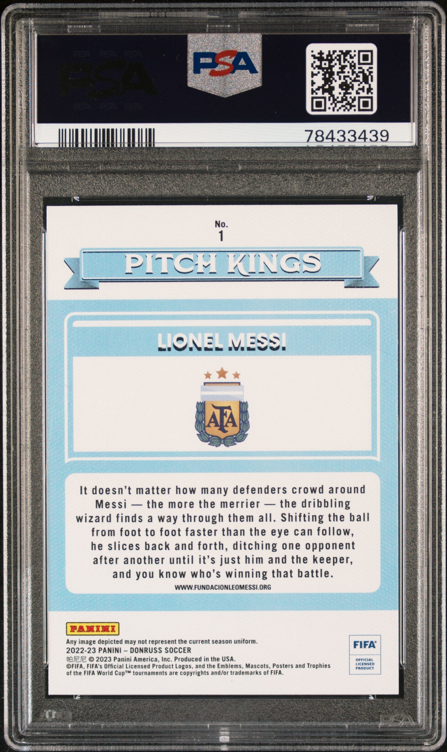 Graded 2022 Panini Donruss FIFA Lionel Messi #1 Pitch Kings Soccer Card PSA 10 Gem Mint