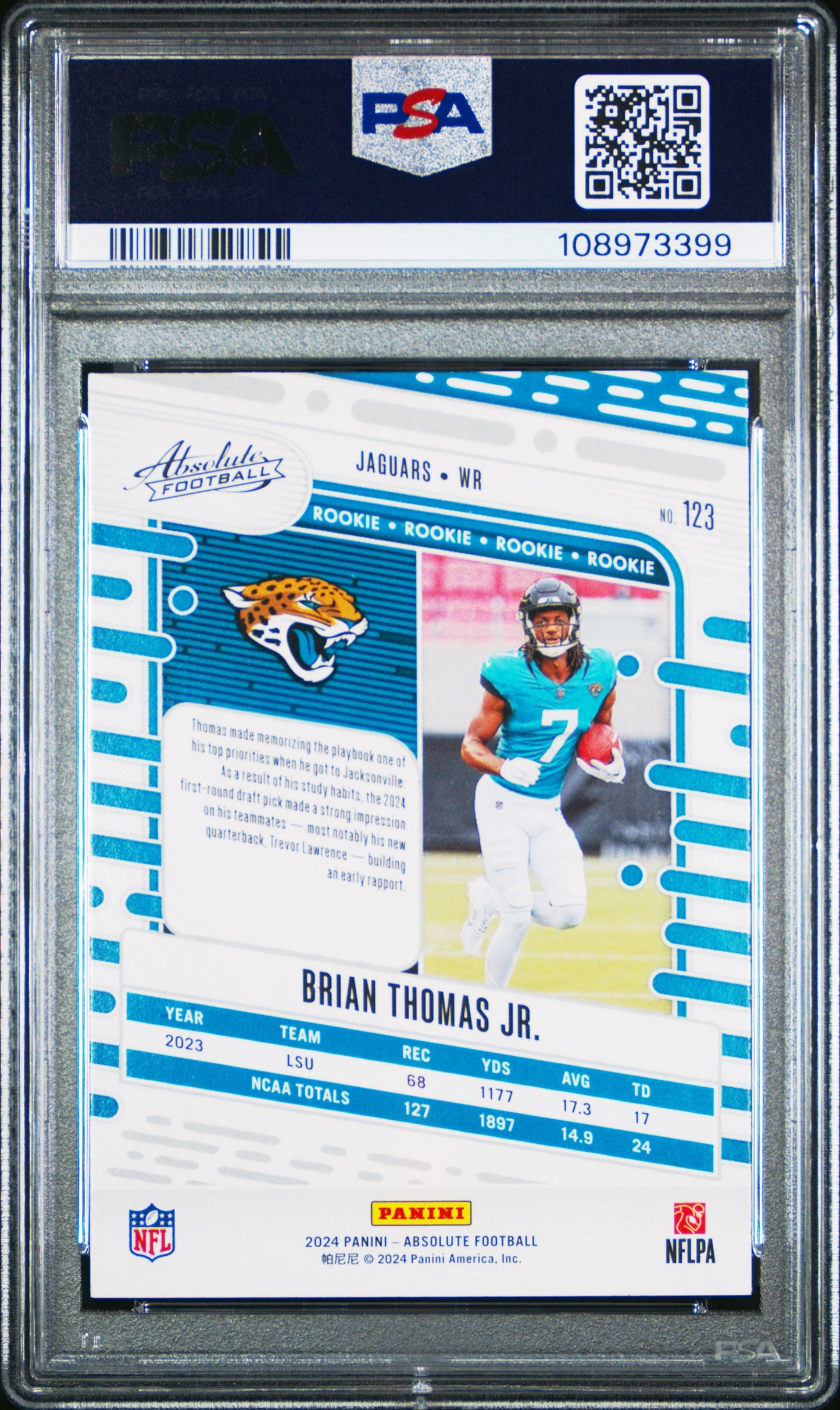 Graded 2024 Panini Absolute Brian Thomas Jr #123 Red/Blue Rookie RC Football Card PSA 10 Gem Mint