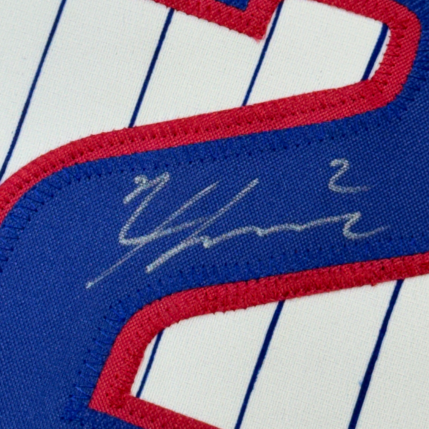 Framed Autographed/Signed Nico Hoerner 35x39 Chicago Pinstripe Baseball Jersey Beckett BAS COA