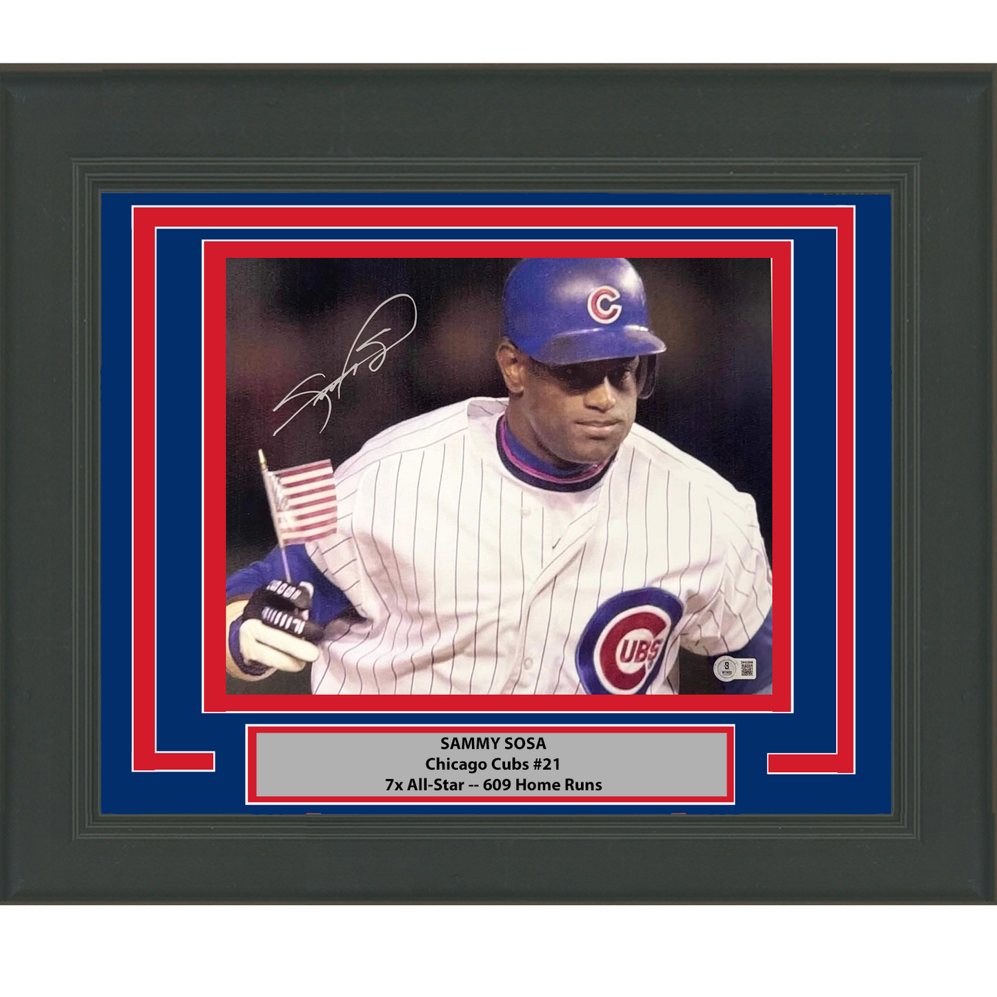 Framed Autographed/Signed Sammy Sosa USA Flag Chicago Cubs 11x14 Baseball Photo Beckett BAS COA