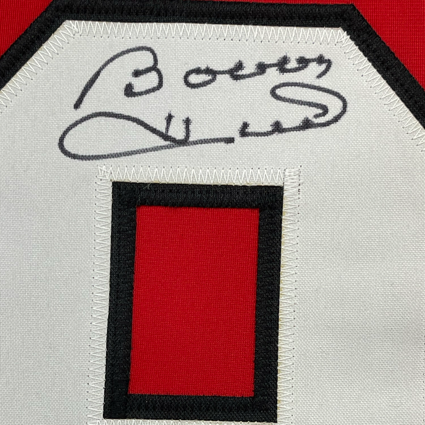 Framed Autographed/Signed Bobby Hull HOF 1983 35x39 Chicago Red Hockey Jersey JSA COA